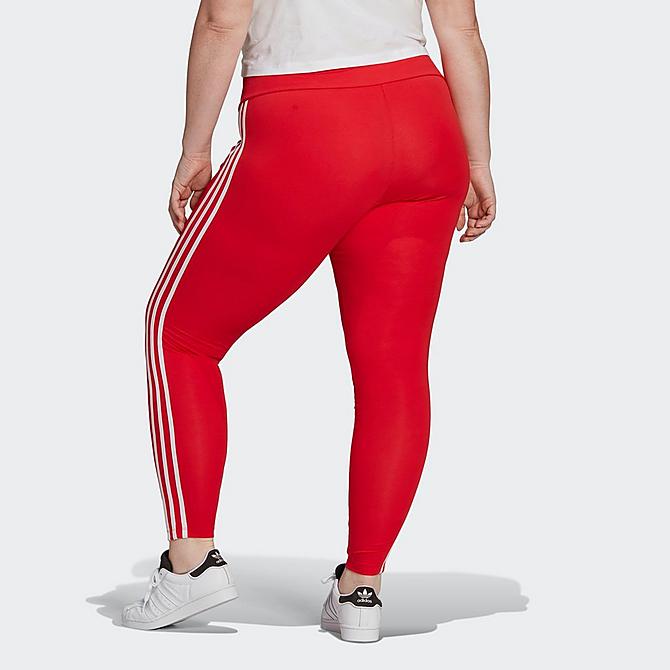 Front Three Quarter view of Women's adidas Originals Adicolor Classics Parley 3-Stripes Tights (Plus Size) in Vivid Red Click to zoom