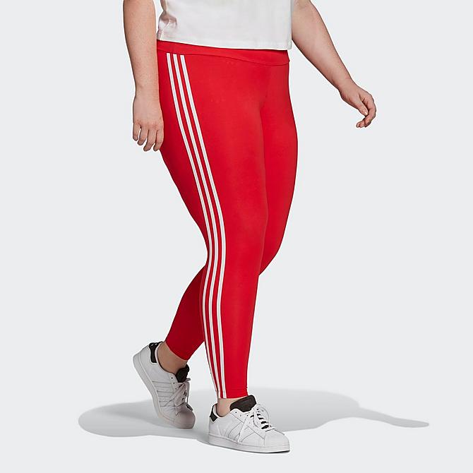 Back Left view of Women's adidas Originals Adicolor Classics Parley 3-Stripes Tights (Plus Size) in Vivid Red Click to zoom