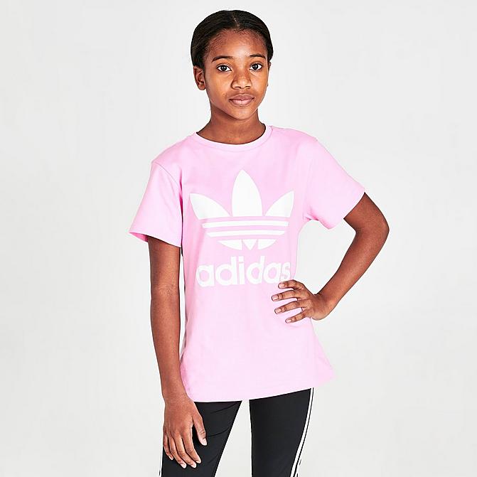 Front view of Girls' adidas Originals Trefoil T-Shirt in True Pink/White Click to zoom