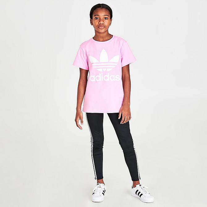 Front Three Quarter view of Girls' adidas Originals Trefoil T-Shirt in True Pink/White Click to zoom