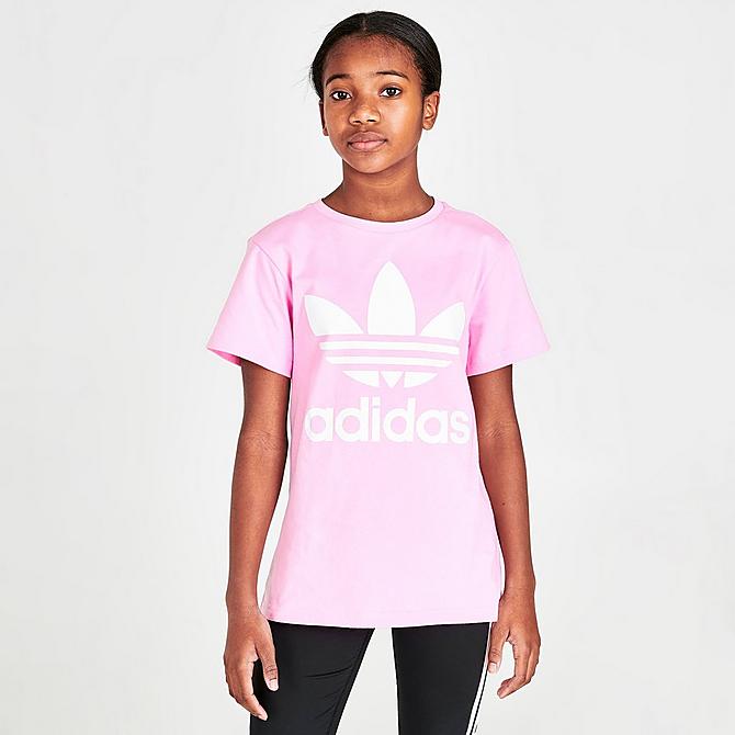 Back Left view of Girls' adidas Originals Trefoil T-Shirt in True Pink/White Click to zoom