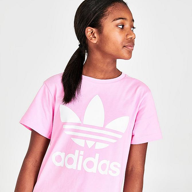 On Model 5 view of Girls' adidas Originals Trefoil T-Shirt in True Pink/White Click to zoom
