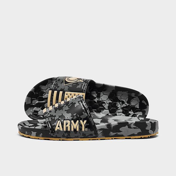 Right view of Hype Co. Army Black Knights College Slydr Slide Sandals in Black/Gold/Grey Click to zoom
