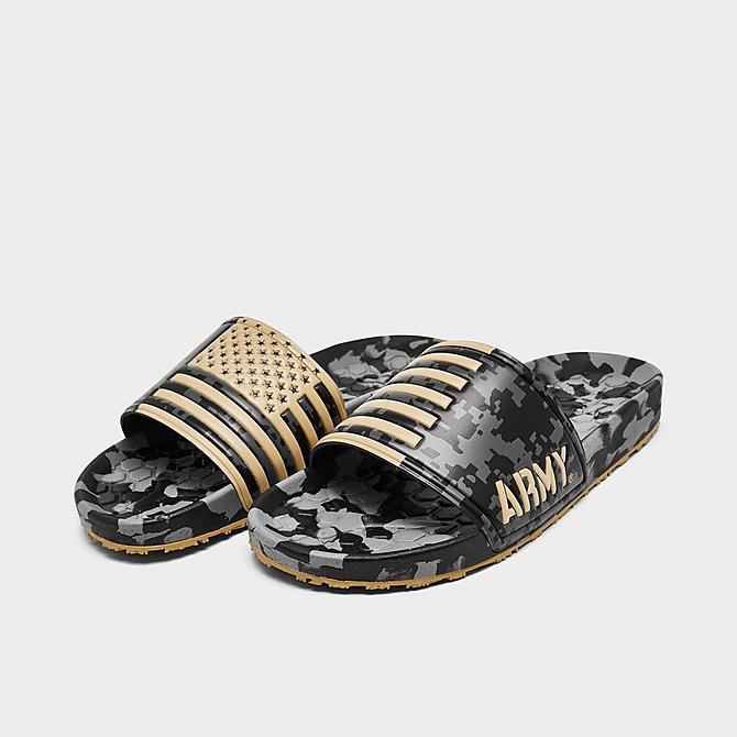 Three Quarter view of Hype Co. Army Black Knights College Slydr Slide Sandals in Black/Gold/Grey Click to zoom