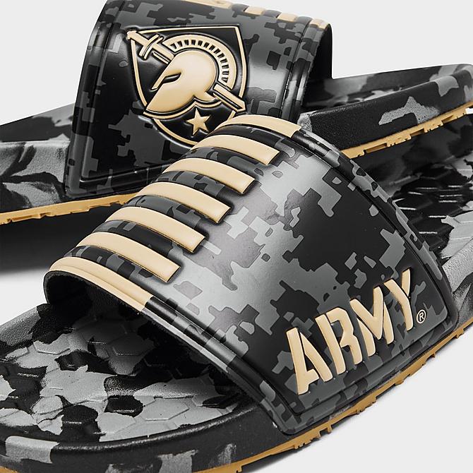 Front view of Hype Co. Army Black Knights College Slydr Slide Sandals in Black/Gold/Grey Click to zoom