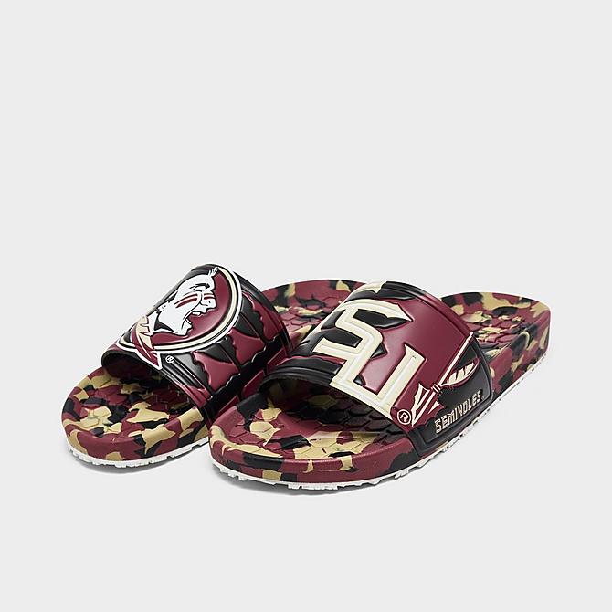 Three Quarter view of Hype Co. Florida State Seminoles Slydr Slide Sandals in Black/Garnet/Gold Click to zoom