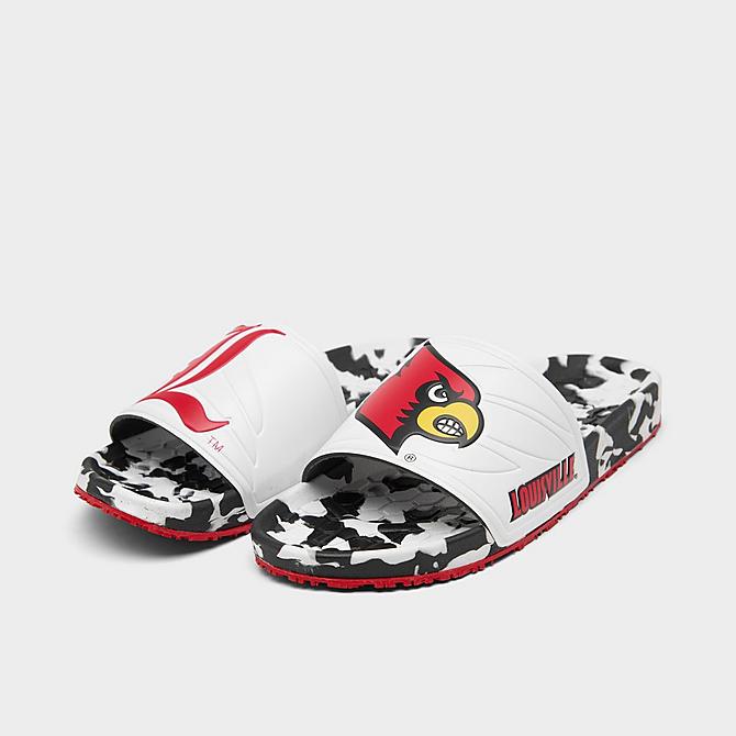 Three Quarter view of Hype Co. Louisville Cardinals College Slydr Slide Sandals in Black/Cardinal/White Click to zoom