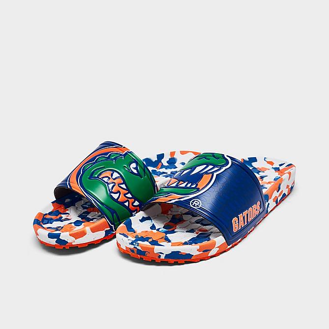 Three Quarter view of Hype Co. Florida Gators College Slydr Slide Sandals in Blue/Orange/White Click to zoom