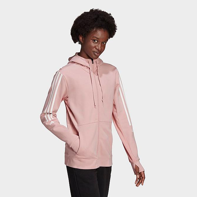 Front Three Quarter view of Women's adidas AEROREADY Made for Training Hoodie in Wonder Mauve Click to zoom