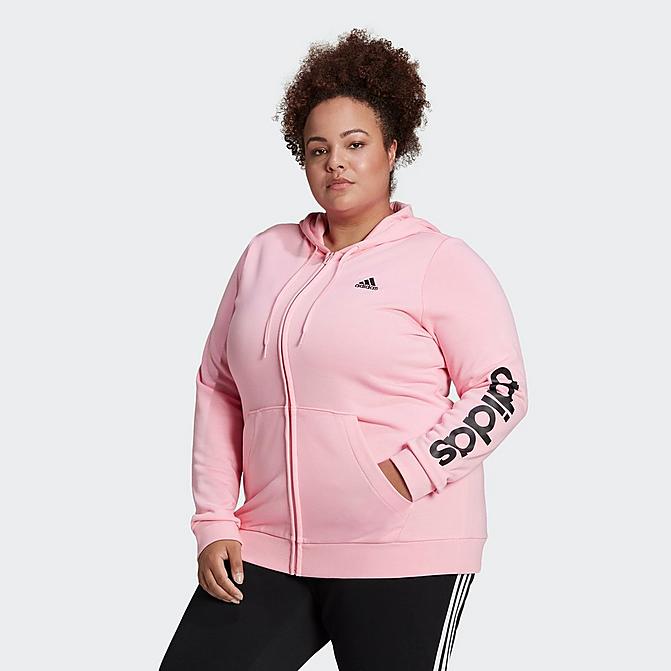 Front view of Women's adidas Essentials Full-Zip Hoodie (Plus Size) in Light Pink/Black Click to zoom