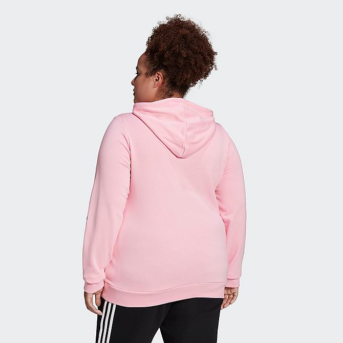 Front Three Quarter view of Women's adidas Essentials Full-Zip Hoodie (Plus Size) in Light Pink/Black Click to zoom