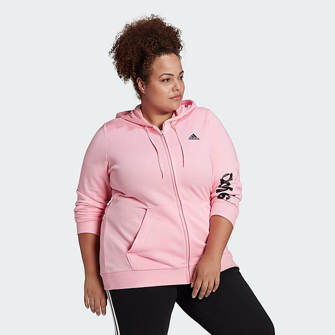 Back Left view of Women's adidas Essentials Full-Zip Hoodie (Plus Size) in Light Pink/Black Click to zoom