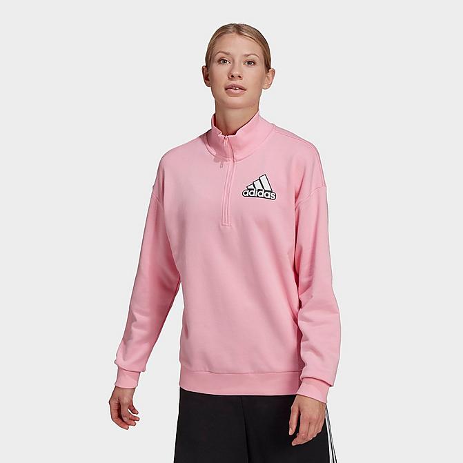 Front view of Women's adidas Essentials Outlined Logo Half-Zip Sweatshirt in Light Pink/White Click to zoom