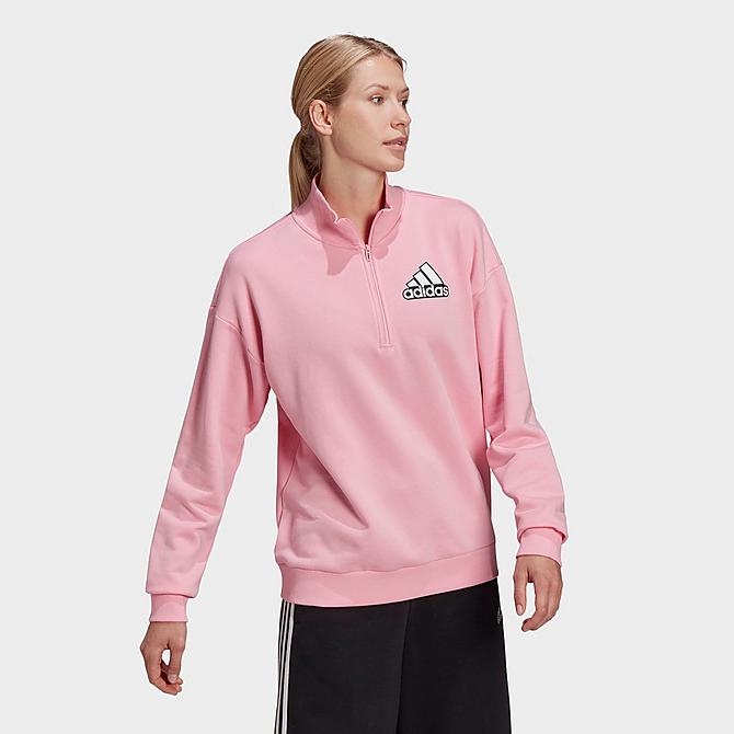 Front Three Quarter view of Women's adidas Essentials Outlined Logo Half-Zip Sweatshirt in Light Pink/White Click to zoom