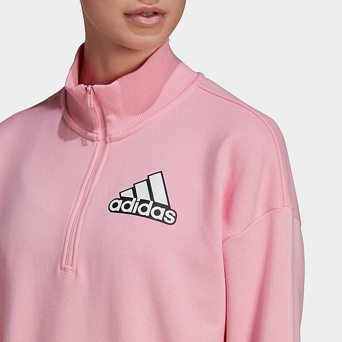 Back Right view of Women's adidas Essentials Outlined Logo Half-Zip Sweatshirt in Light Pink/White Click to zoom