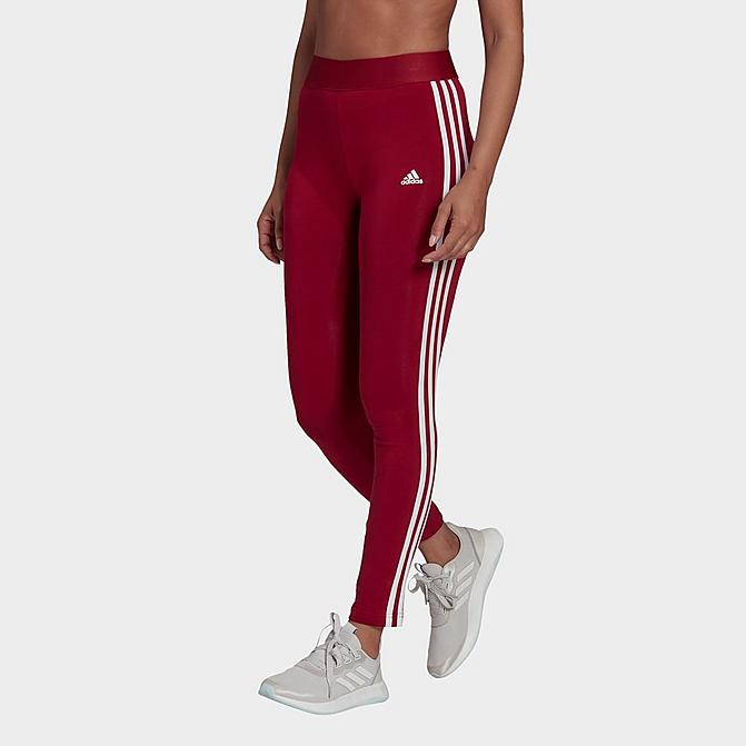 Front view of Women's adidas LOUNGEWEAR Essentials 3-Stripes Leggings in Legacy Burgundy/White Click to zoom