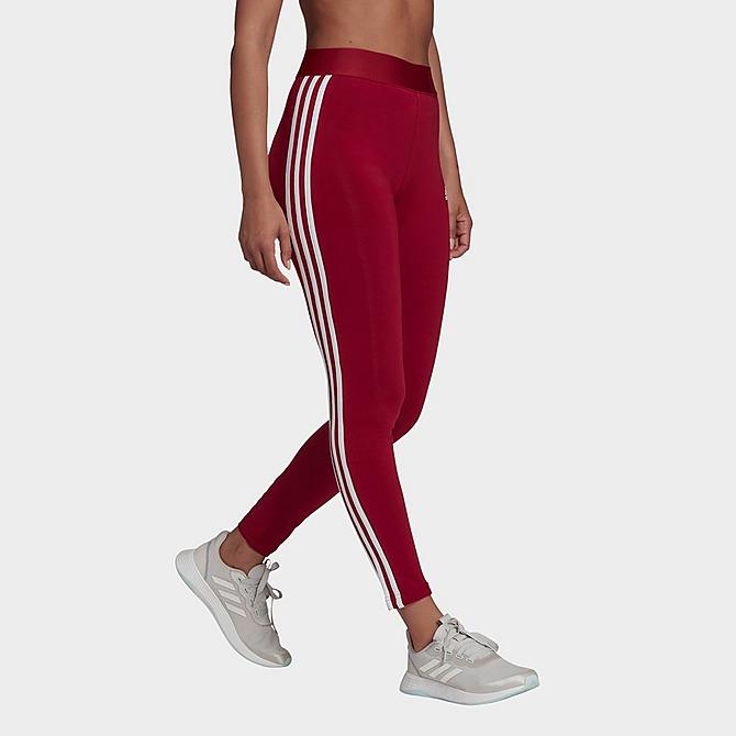 Back Left view of Women's adidas LOUNGEWEAR Essentials 3-Stripes Leggings in Legacy Burgundy/White Click to zoom