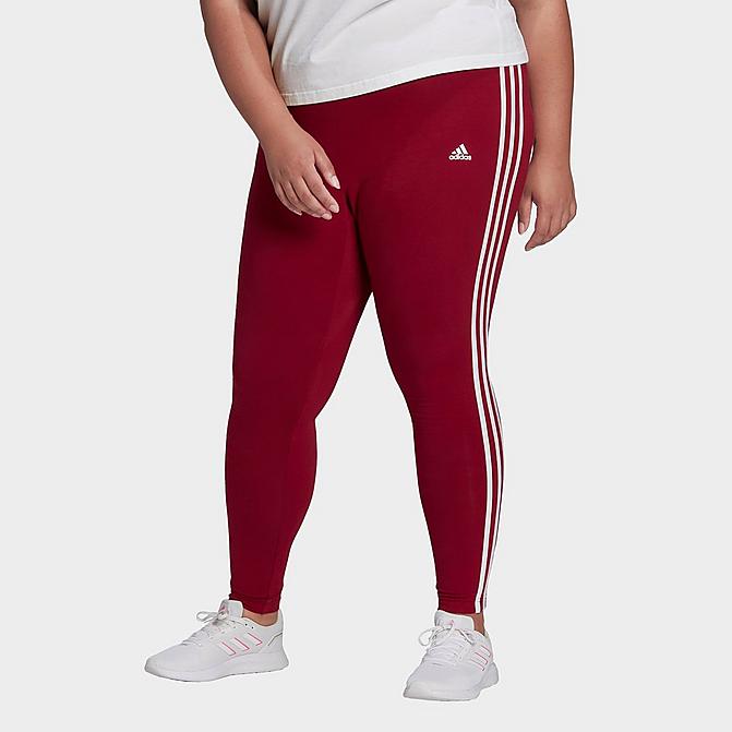 Front view of Women's adidas Essentials 3-Stripes Leggings (Plus Size) in Legacy Burgundy/White Click to zoom