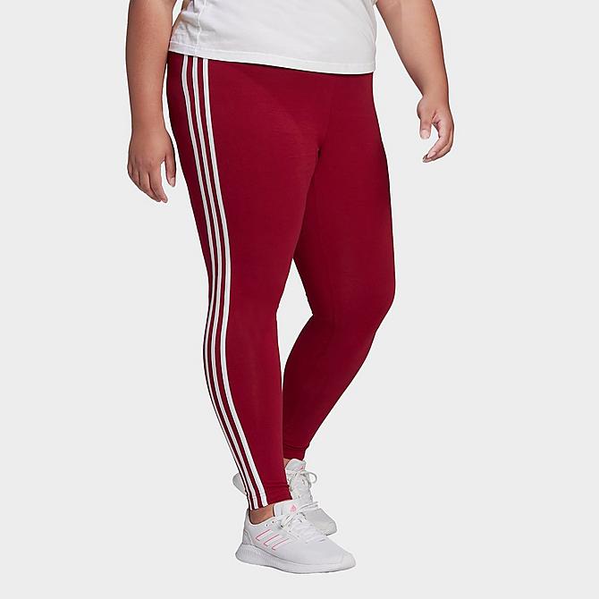 Back Left view of Women's adidas Essentials 3-Stripes Leggings (Plus Size) in Legacy Burgundy/White Click to zoom