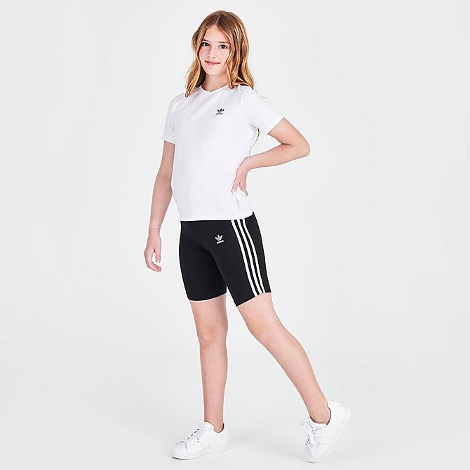 Front Three Quarter view of Girls' adidas Originals Adicolor Bike Shorts in Black/White Click to zoom