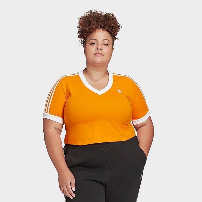 Front view of Women's adidas Originals Adicolor Classics Cropped T-Shirt (Plus Size) in Bright Orange Click to zoom