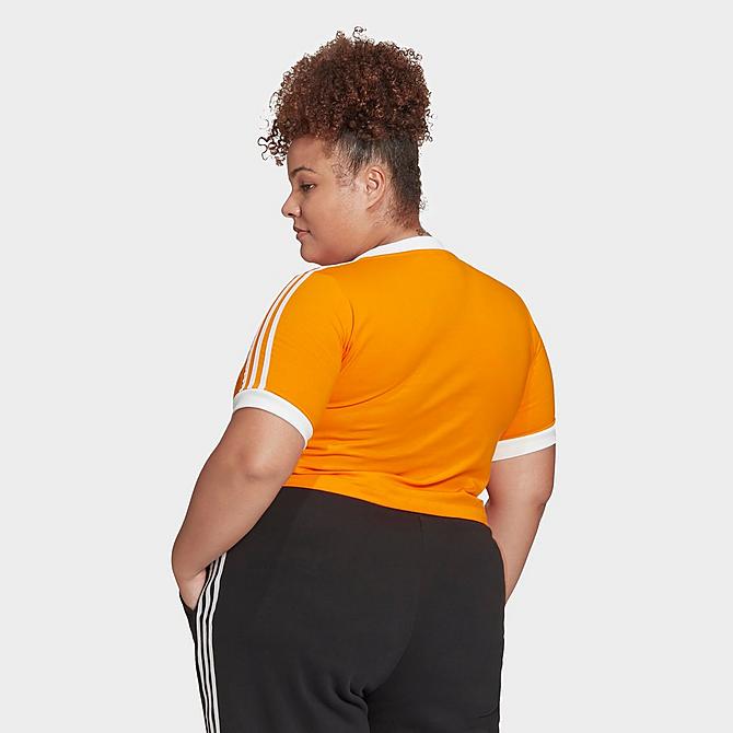 Front Three Quarter view of Women's adidas Originals Adicolor Classics Cropped T-Shirt (Plus Size) in Bright Orange Click to zoom