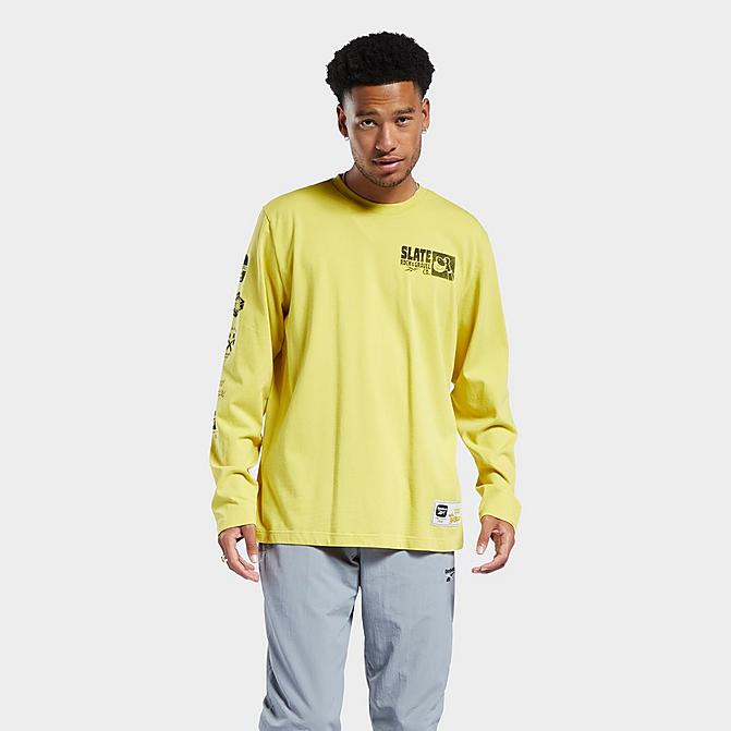 Front view of Men's Reebok Classics x The Flintstones Construction Graphic Long-Sleeve T-Shirt in Utility Yellow Click to zoom