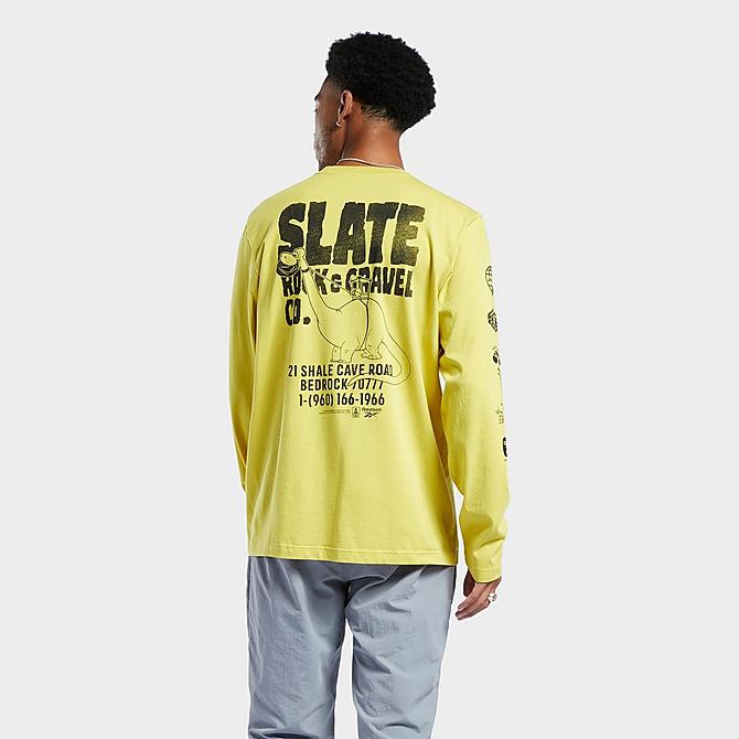 Back Left view of Men's Reebok Classics x The Flintstones Construction Graphic Long-Sleeve T-Shirt in Utility Yellow Click to zoom