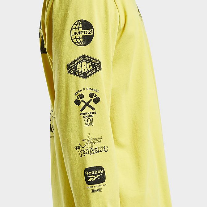 Back Right view of Men's Reebok Classics x The Flintstones Construction Graphic Long-Sleeve T-Shirt in Utility Yellow Click to zoom
