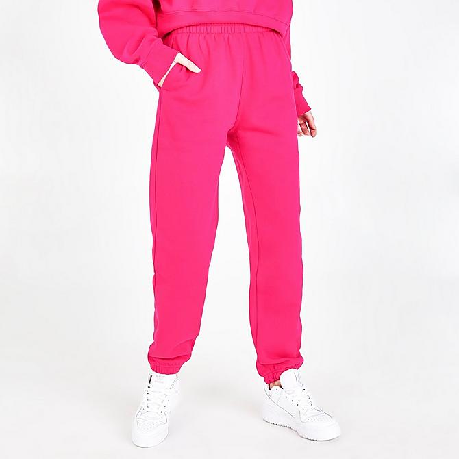 Back Left view of Women's adidas Originals Adicolor Essentials Fleece Jogger Pants in Bold Pink Click to zoom