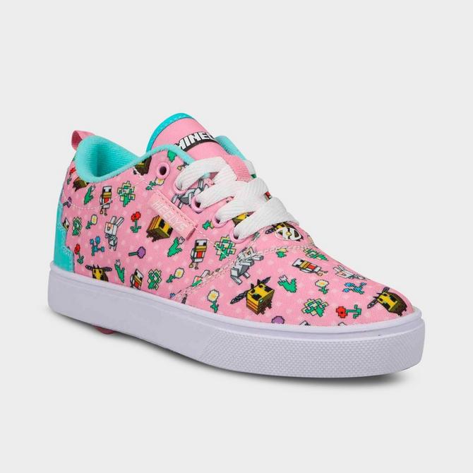 Three Quarter view of Big Kids' Heelys x Minecraft Pro 20 Prints Casual Shoes in Pink Aqua Click to zoom