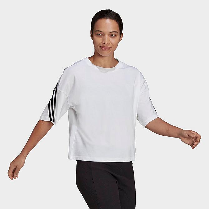 Front Three Quarter view of Women's adidas Sportswear Future Icons 3-Stripes T-Shirt in White Click to zoom