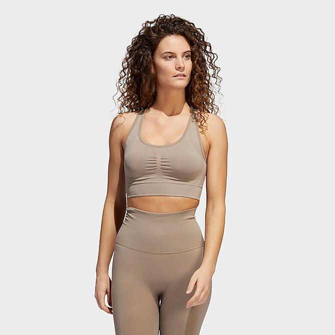Front view of Women's adidas Formotion Medium-Support Sports Bra in Chalky Brown Click to zoom