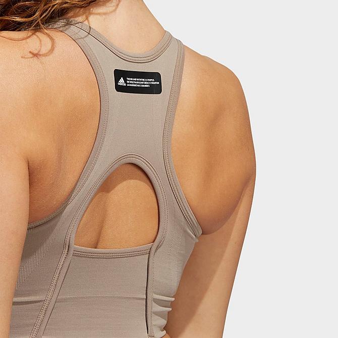 On Model 5 view of Women's adidas Formotion Medium-Support Sports Bra in Chalky Brown Click to zoom