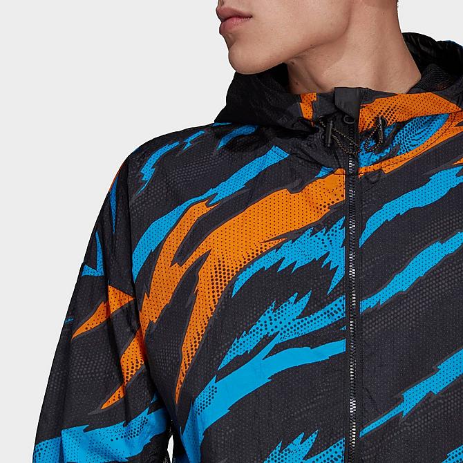 Back Right view of Men's adidas TRVL Tiger Camo Windbreaker Jacket in Black Click to zoom