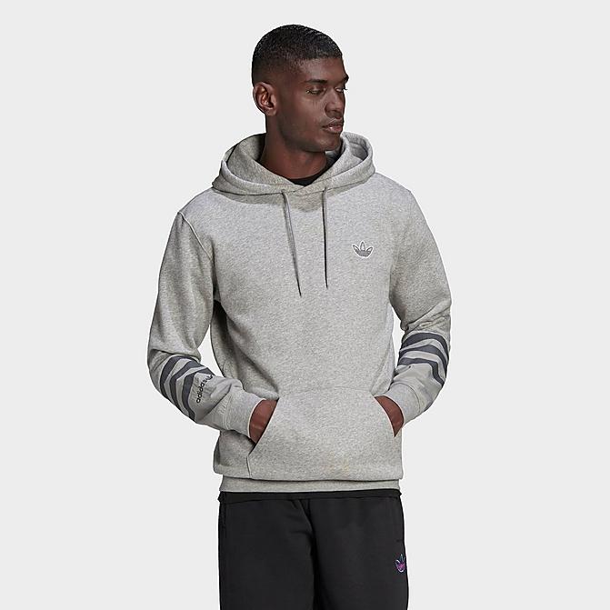 Front view of Men's adidas Originals SPRT Fleece Pullover Hoodie in Medium Grey Heather Click to zoom