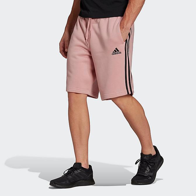 Front view of Men's adidas Essentials Three Stripes Shorts in Wonder Mauve/Black Click to zoom