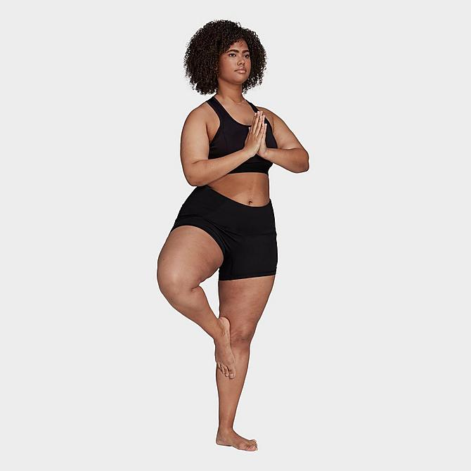 Front Three Quarter view of Women's adidas Yoga Essentials High-Waisted Short Tights (Plus Size) in Black Click to zoom