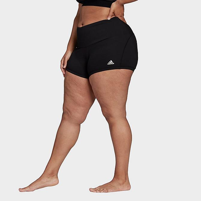 Back Left view of Women's adidas Yoga Essentials High-Waisted Short Tights (Plus Size) in Black Click to zoom