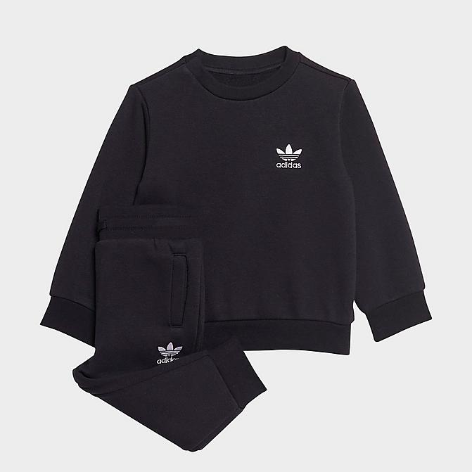 Front view of Infant and Kids' Toddler adidas Originals Adicolor Crewneck Sweatshirt and Jogger Pants Set in Black Click to zoom