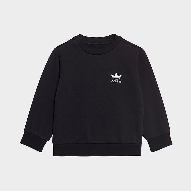 Front Three Quarter view of Infant and Kids' Toddler adidas Originals Adicolor Crewneck Sweatshirt and Jogger Pants Set in Black Click to zoom