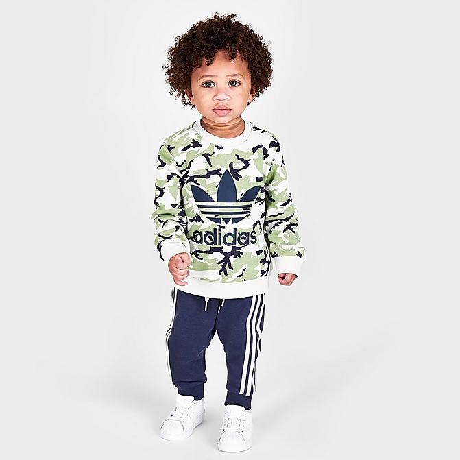 Front view of Boys' Infant and Toddler adidas Originals Camo Crewneck Sweatshirt and Jogger Pants Set in Orbit Grey/Magic Lime/Shadow Navy Click to zoom