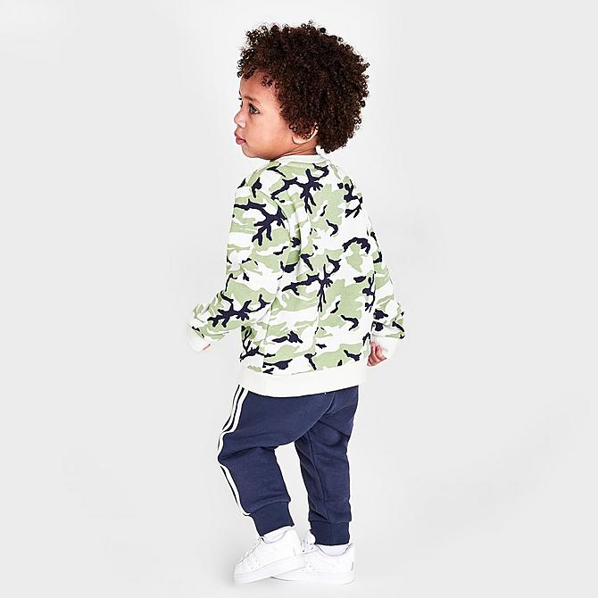 Front Three Quarter view of Boys' Infant and Toddler adidas Originals Camo Crewneck Sweatshirt and Jogger Pants Set in Orbit Grey/Magic Lime/Shadow Navy Click to zoom