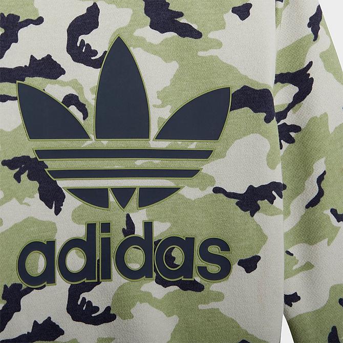 On Model 5 view of Boys' Infant and Toddler adidas Originals Camo Crewneck Sweatshirt and Jogger Pants Set in Orbit Grey/Magic Lime/Shadow Navy Click to zoom