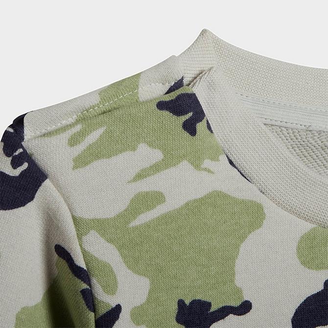 On Model 6 view of Boys' Infant and Toddler adidas Originals Camo Crewneck Sweatshirt and Jogger Pants Set in Orbit Grey/Magic Lime/Shadow Navy Click to zoom