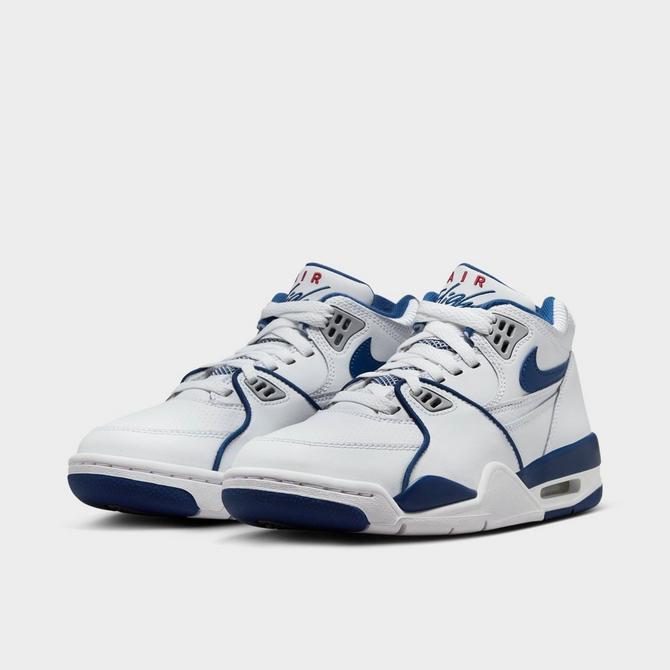 Three Quarter view of Big Kids' NIke Air Flight 89 Basketball Shoes in White/Wolf Grey/Varsity Red/Dark Royal Blue Click to zoom