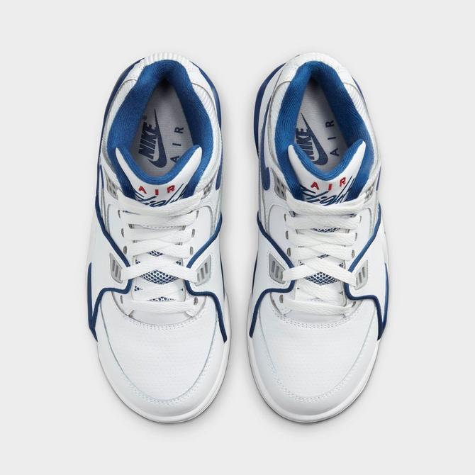 Back view of Big Kids' NIke Air Flight 89 Basketball Shoes in White/Wolf Grey/Varsity Red/Dark Royal Blue Click to zoom