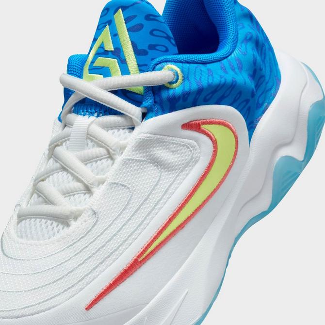 Front view of Big Kids' Nike Giannis Immortality 4 SE Basketball Shoes in White/Photo Blue/Hyper Royal/Light Lemon Twist Click to zoom