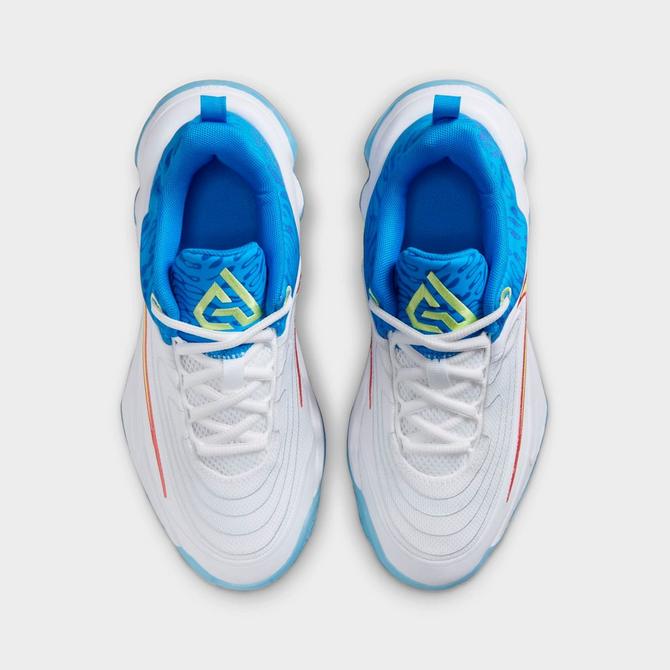 Back view of Big Kids' Nike Giannis Immortality 4 SE Basketball Shoes in White/Photo Blue/Hyper Royal/Light Lemon Twist Click to zoom