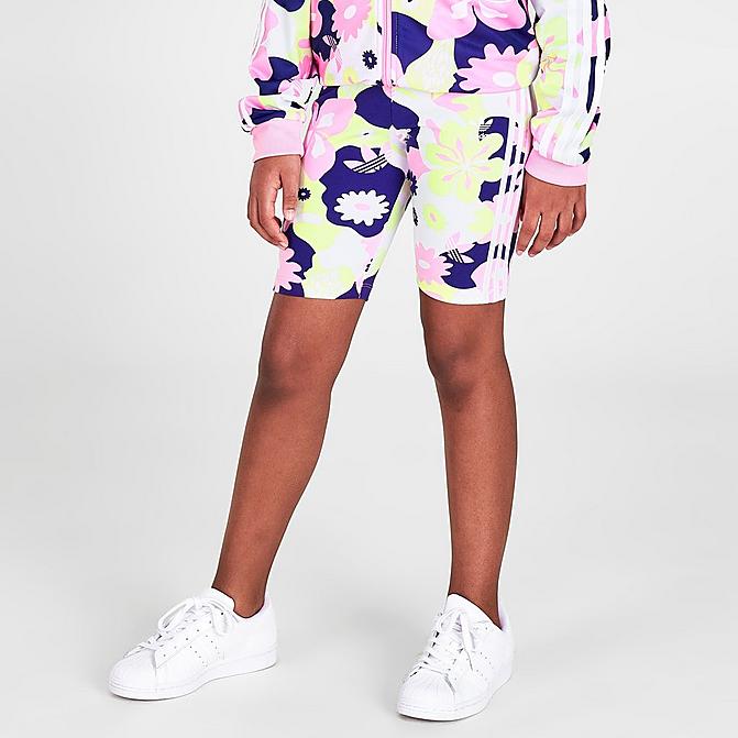 Front view of Girls' adidas Originals Allover Floral Print Bike Shorts in White/True Pink/Almost Lime/Legacy Indigo Click to zoom